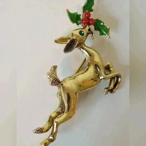 Leaping Reindeer w Holly Vintage Christmas Holiday Brooch Pin